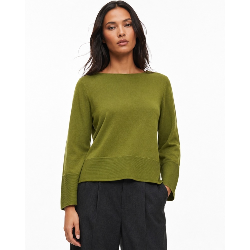 COS Green 100% Wool Boxy Boat Neck Sweater Ribbed Trim Size M NWT